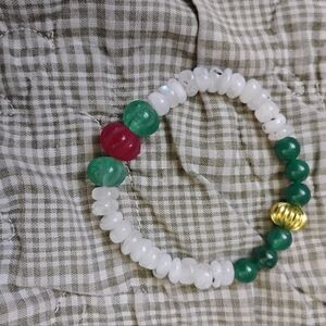 Rainbow Moonstone, Emerald, and Ruby Stretch Bracelet